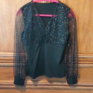 Black Glitter Sheer Long Sleeve Blouse